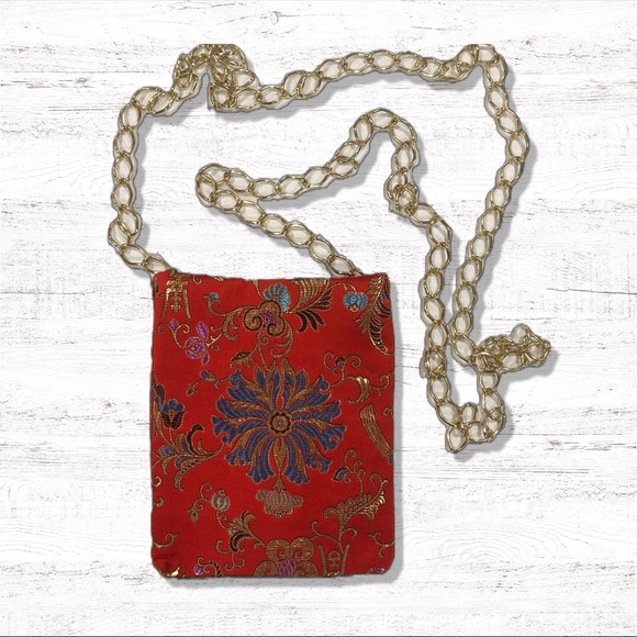 NEW small red Asian design crossbody bag with gold chain strap. Teal lining ❤️ - Picture 6 of 6
